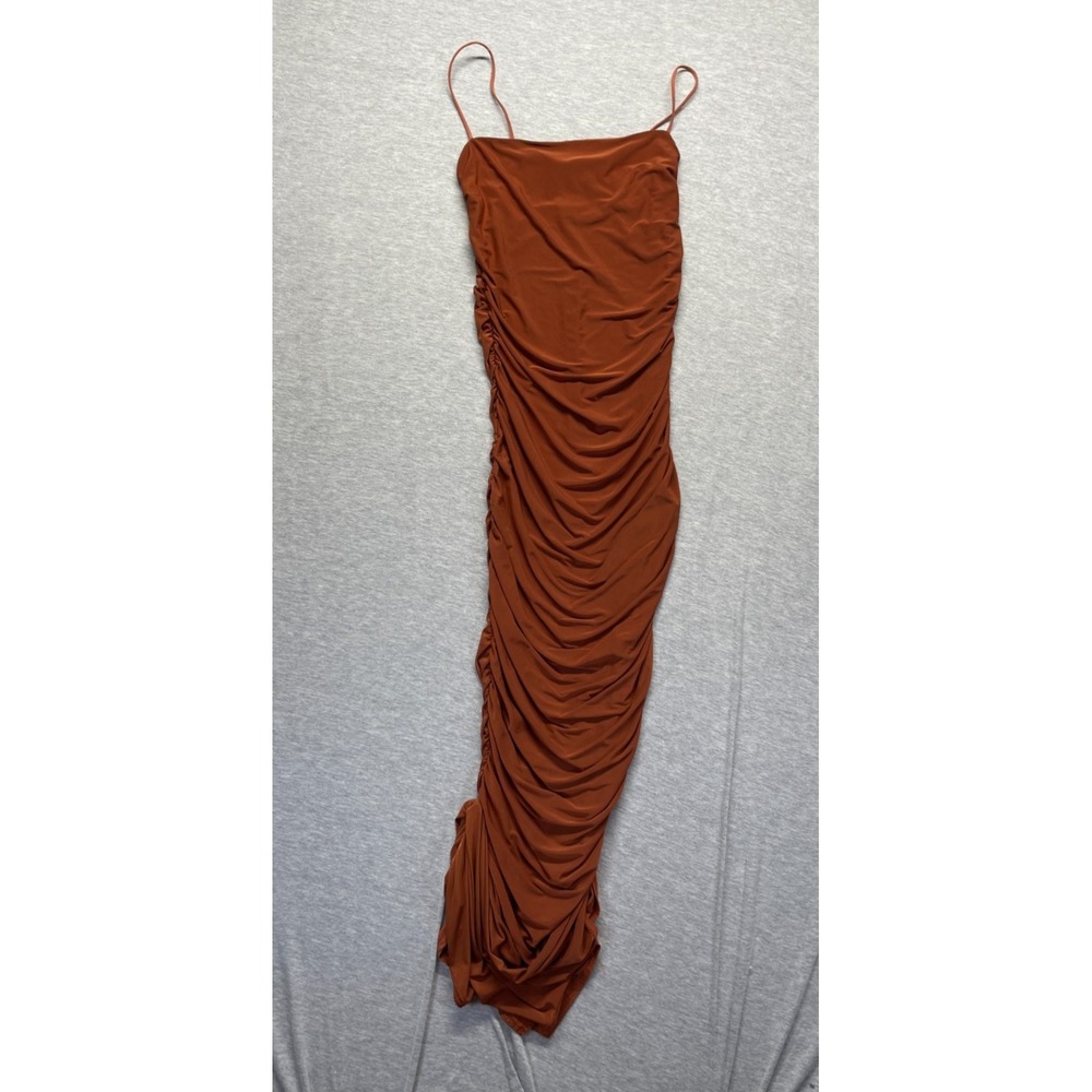 Nasty Gal Bodycon Dress Womens 6 Rust Orange Ruched Side Spaghetti Strap Party